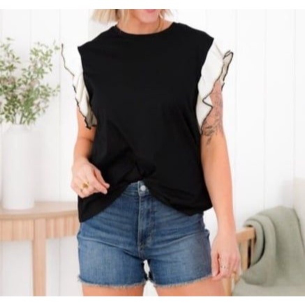 Like love short sleeve ruffle sleeve womens size small black ivory 100 cotton sm - Picture 3 of 7